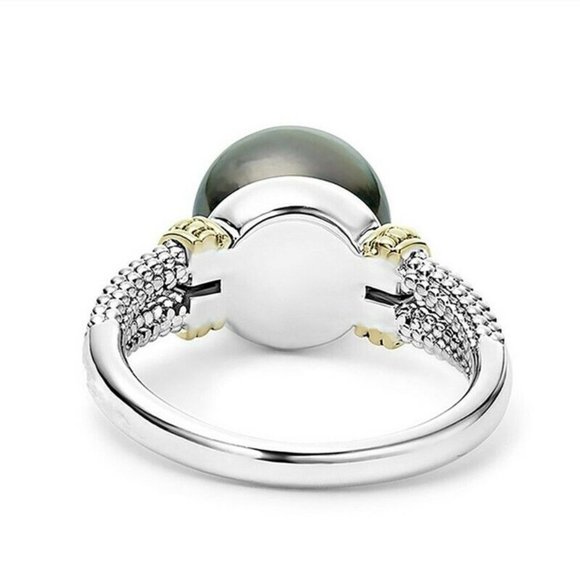 New Beautiful Two-Tone Gold/925 Silver Cultured Black Pearl Ring - Picture 4 of 5